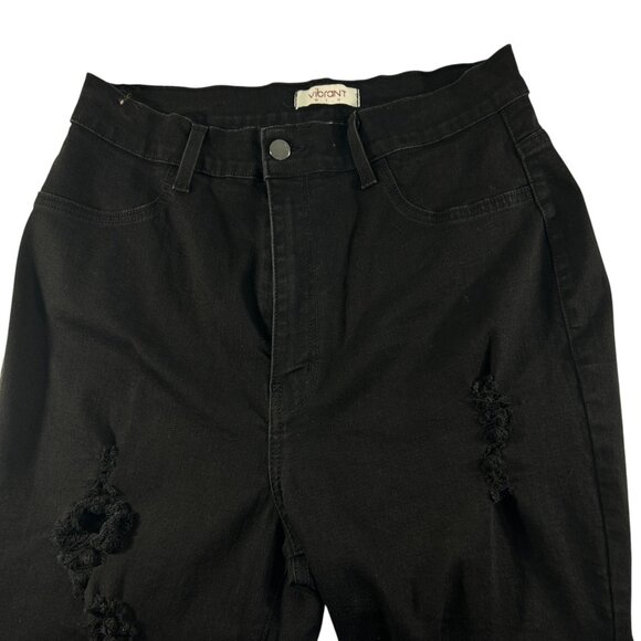 Vibrant MIU Bell Bottom Flare Black Jeans 1X Distressed Frayed Hem High Waist - Picture 3 of 12